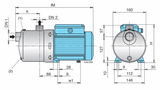 stainless steel pumps MXH2, MXH4, MXH8 - dimensions