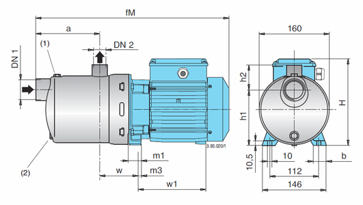 Edelstahl Kreiselpumpe MXH 206, 4, 8, 16 Abmessungen