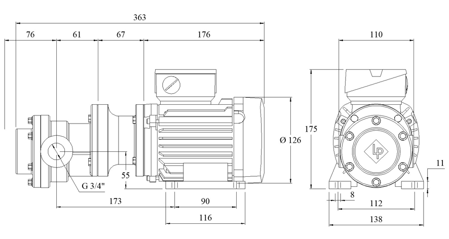 Self-priming Spur-Gear Pumps with eletric motor FLM333 - FLM328 - Dimensions