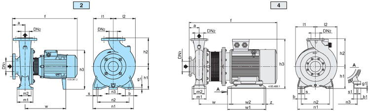 close coupled electrical pump with 4-pole iduction motor and flange connection - type NMS4 with stub-shaft construction - dimensions